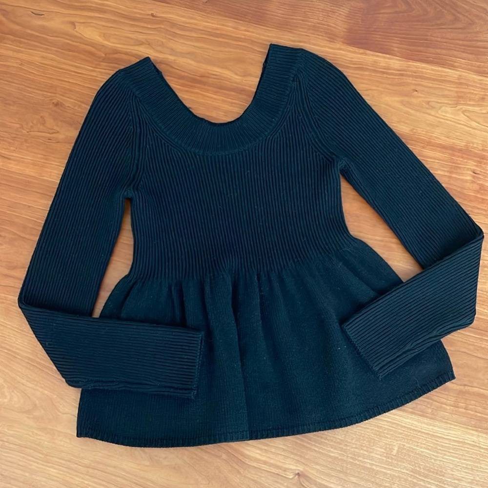 REBECCA TAYLOR Womens Black Fitted Ribbed Long Sleeve Scoop Neck Peplum Top M